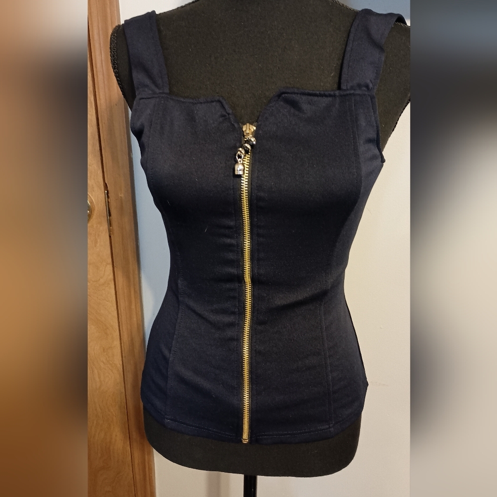 Navy blue zip up front strappy shirt